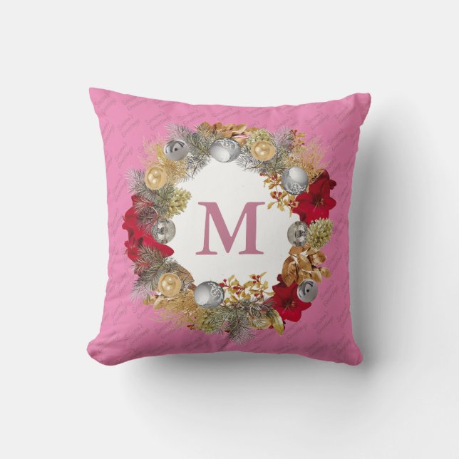 Coussin MONOGRAMME Pink Wreath de Noël (Recto)
