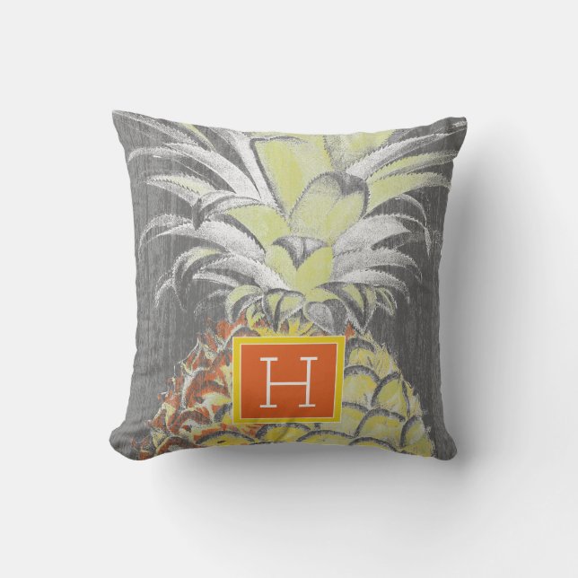 Coussin Monogramme | Pinneappa jaune tropical sur gris (Recto)