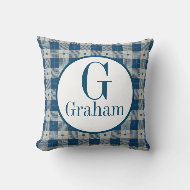 Coussin Monogramme Plaid Blue Lodge Personnalisé (Recto)