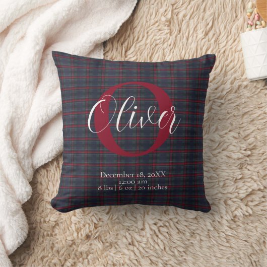 Coussin Monogramme Plaid Tartan Statistiques de Naissance (Couverture)