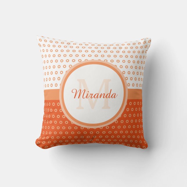 Coussin Monogramme Pois orange et blanc avec nom (Recto)