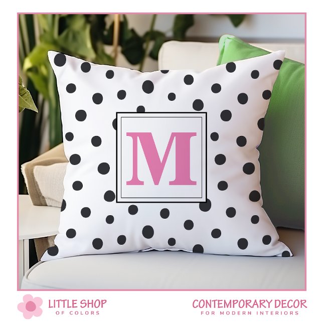 Coussin Monogramme Pois rose noir moderne (Créateur téléchargé)