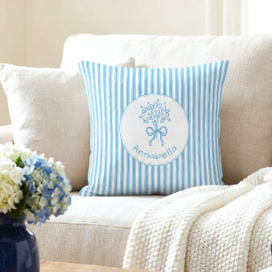 Coussin Monogramme Préppy à rayures blanches et bleues fan