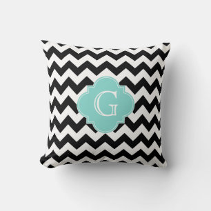 Coussin Monogramme Quatrefoil blanc noir Chevron Aqua