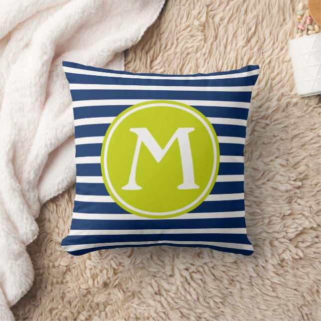 Coussin Monogramme rayé bleu marine et vert citron (Couverture)