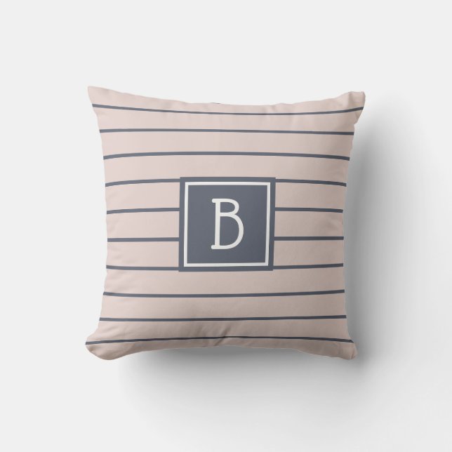 Coussin Monogramme rayé de ferme moderne rose et bleu (Recto)