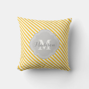 Coussin Monogramme rayé jaune et gris