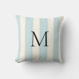 Coussin Monogramme Rayures Bleu Pâle & Blanc Antique
