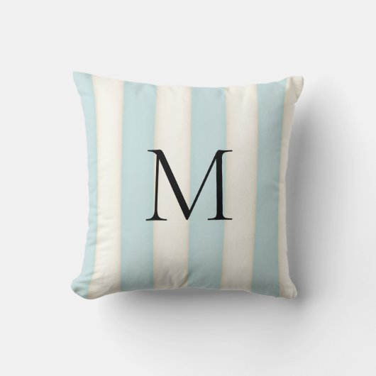Coussin Monogramme Rayures Bleu Pâle & Blanc Antique (Recto)