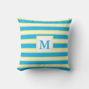 Coussin Monogramme Rayures Bleu Turquoise