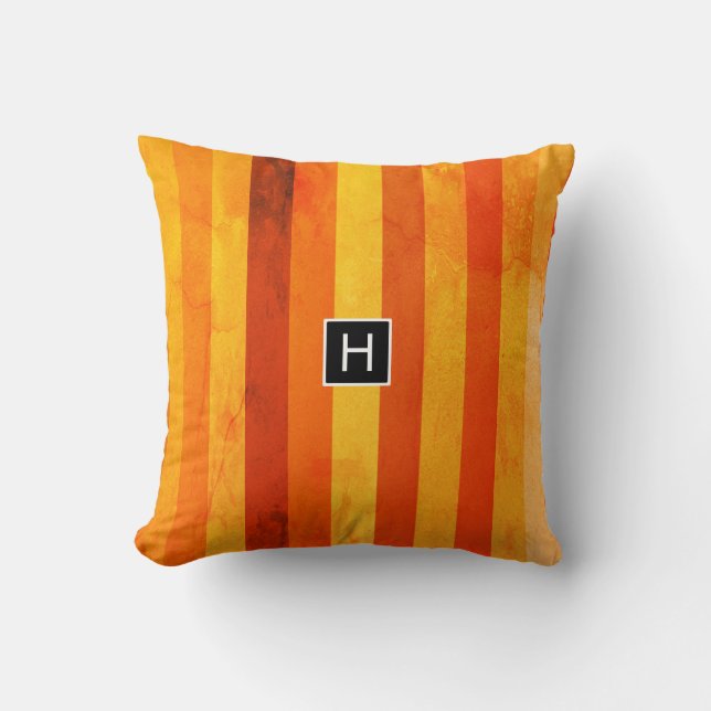 Coussin Monogramme rayures orange rouge altéré chaud (Recto)