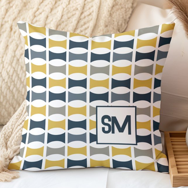 Coussin Monogramme Rétro Milieu de Siècle Géométrique Bleu (Créateur téléchargé)