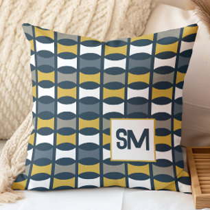 Coussin Monogramme Rétro Milieu de Siècle Géométrique Bleu