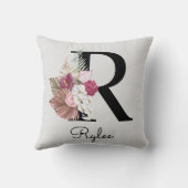 Coussin Monogramme Rose Boho Féminin Floral Initiale R (Verso)