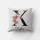 Coussin Monogramme Rose Boho Féminin Floral Initiale X (Verso)