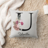 Coussin Monogramme rose boho girly floral initiale U (Couverture)