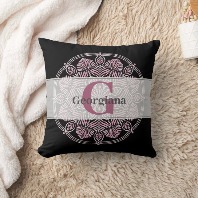 Coussin Monogramme Rose Dusky Fronds Floral Dot Mandala (Couverture)