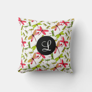 Coussin Monogramme rose et vert de libellules