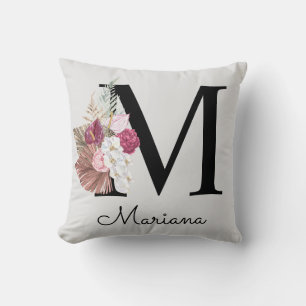 Coussin Monogramme Rose Fleur Initiale M