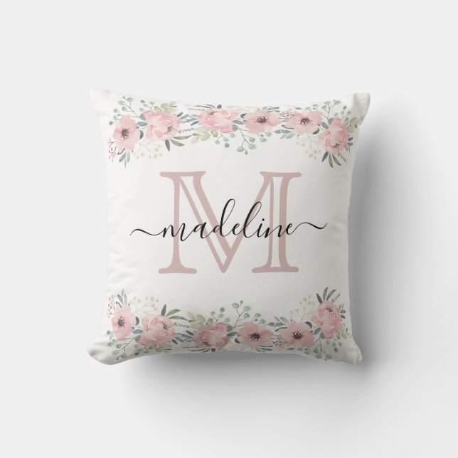 Coussin Monogramme rose floral élégant moderne (Recto)
