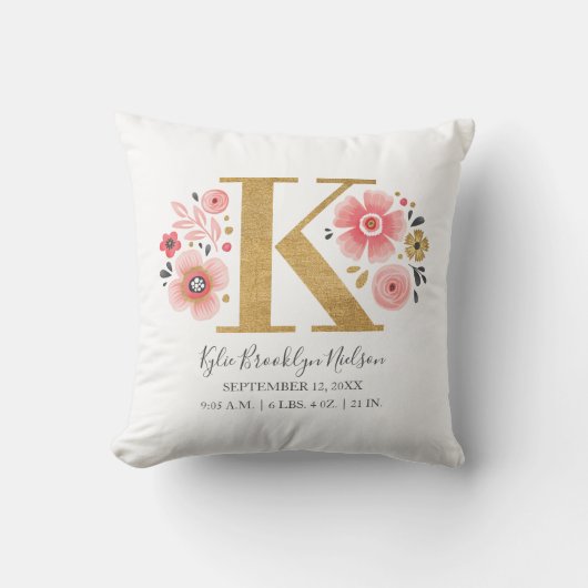 Coussin Monogramme rose Floral Lettre initiale K Statistiq (Recto)