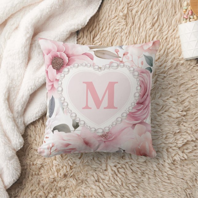 Coussin Monogramme rose floral rose pâle du coeur (Couverture)