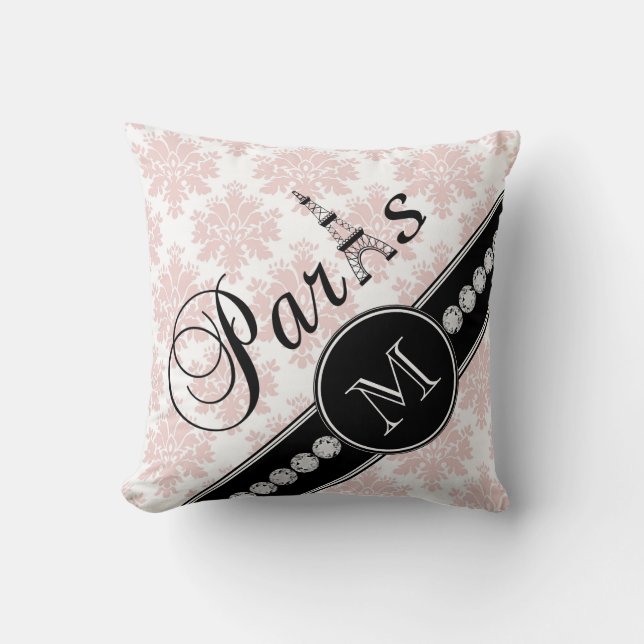 Coussin Monogramme rose Girly de Paris de noir de damassé (Recto)