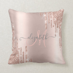 Coussin Monogramme Rose Gold à Gouttes Brillantes Modernes