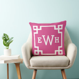 Coussin Monogramme rose magenta Clé grecque