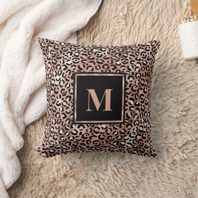 Coussin Monogramme Rose moderne Empreinte de léopard or (Couverture)