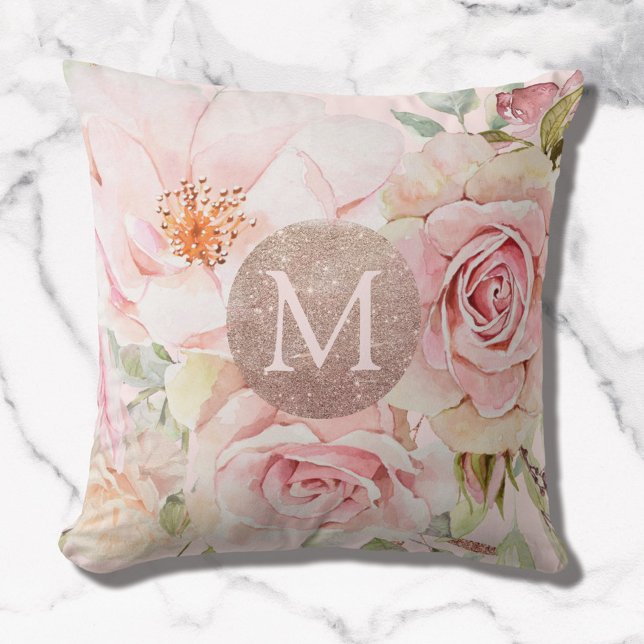 Coussin Monogramme Rose or bleu rose Aquarelle Florale (Close up)
