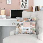 Coussin Monogramme rose pâle Collage photo<br><div class="desc">Customisez cet oreiller de lancer avec huit photos carrés disposés dans un montage de grille,  avec votre monogramme initial en rose vif dans le carré central. Le coussin revient à un motif en diamant pointillé subtil dans le rose clair et blanc assorti.</div>