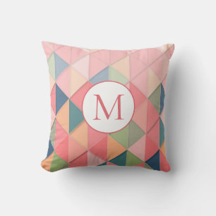 Coussin Monogramme rose pastel bleu vert motif géométrique