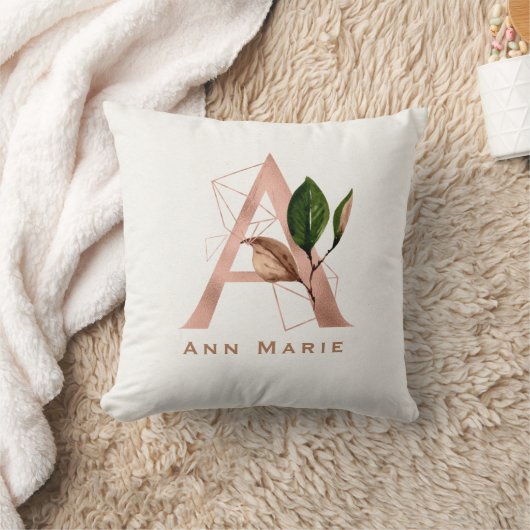 Coussin Monogramme Rose sur mesure Gold Floral Initial Rou (Couverture)