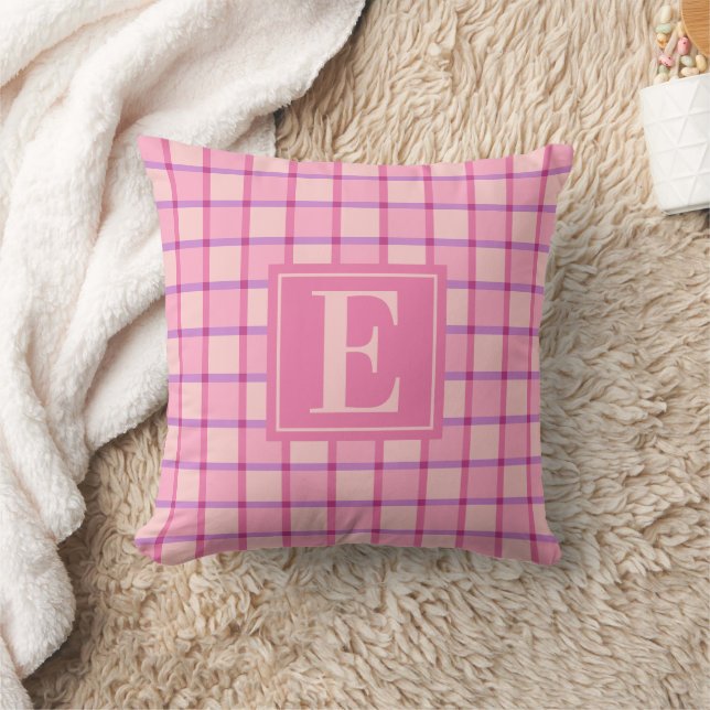 Coussin Monogramme Rose Violet Moderne à Damier (Couverture)