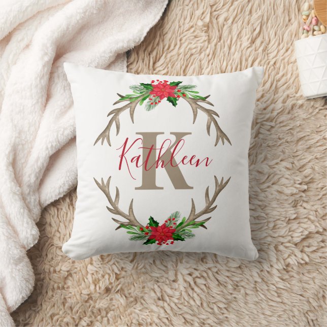 Coussin Monogramme Rouge Vert Noël Floral Cerfs  (Couverture)