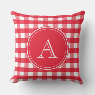 Coussin Monogramme rouge vif et blanc En vichy