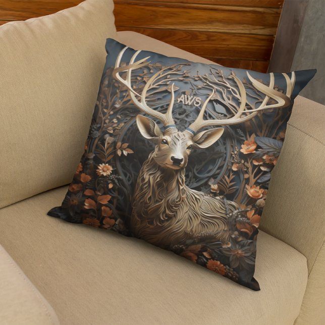 Coussin Monogramme rustique 3d Grand Antler Buck Deer (Perfect for the old hunting cabin.)