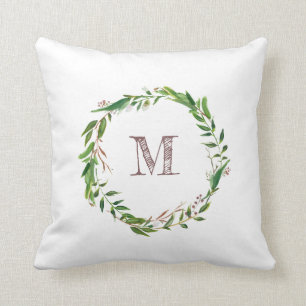 Coussin Monogramme rustique Aquarelle Feuille Laurel Wreat