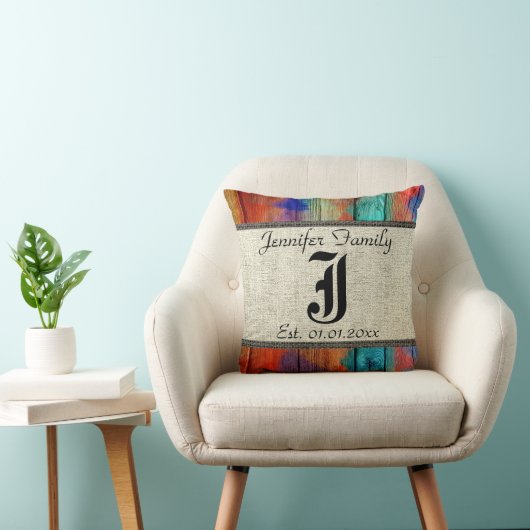 Coussin Monogramme Rustique Burlap Peinture Bois Look #2 (Chaise)