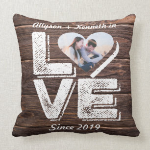 Coussin Monogramme rustique de cadre de coeur de photo de