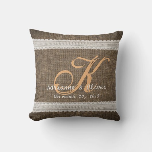 Coussin Monogramme rustique de mariage campagnard de (Recto)