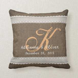 Coussin Monogramme rustique de mariage campagnard de