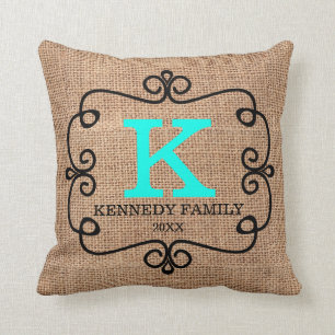 Coussin Monogramme rustique de nom de famille de toile de