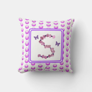 Coussin Monogramme S Rose Violet Fleurs Polka Point initia