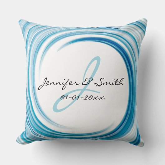 Coussin Monogramme Saphir bleu Swirl Art Abstrait (Recto)