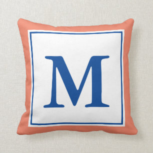 Coussin Monogramme simple Saumon et bleu profond