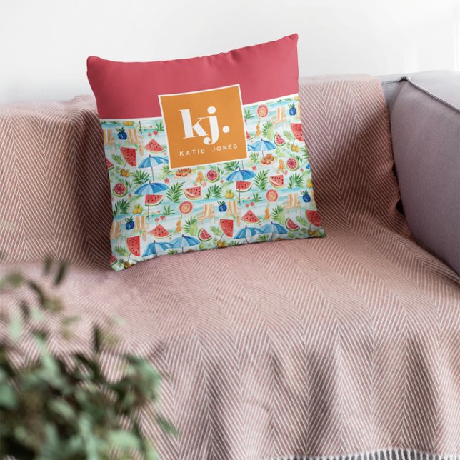 Coussin Monogramme stylé d'été amusant (Créateur téléchargé)