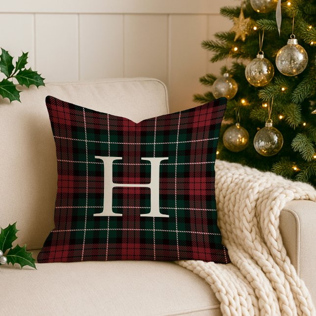 Coussin Monogramme Tartan de vacances (Créateur téléchargé)