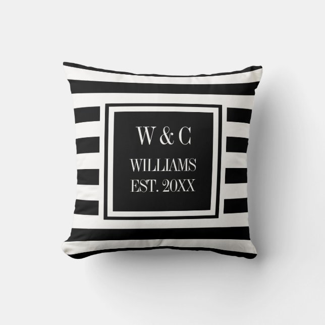 Coussin Monogramme Tendance Rayure Noir Blanc (Recto)